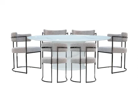 Bộ B&agrave;n Ăn Greece DT-179 SY9391-1 + 6 Ghế Ăn Mia DC-6363 X&aacute;m