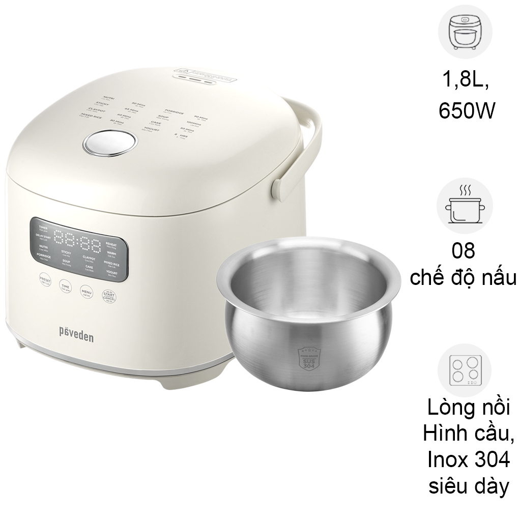 Nồi Cơm Điện Tử 3D Lòng Nồi Inox Paveden Retro PR-3D18BE 1.8 Lít