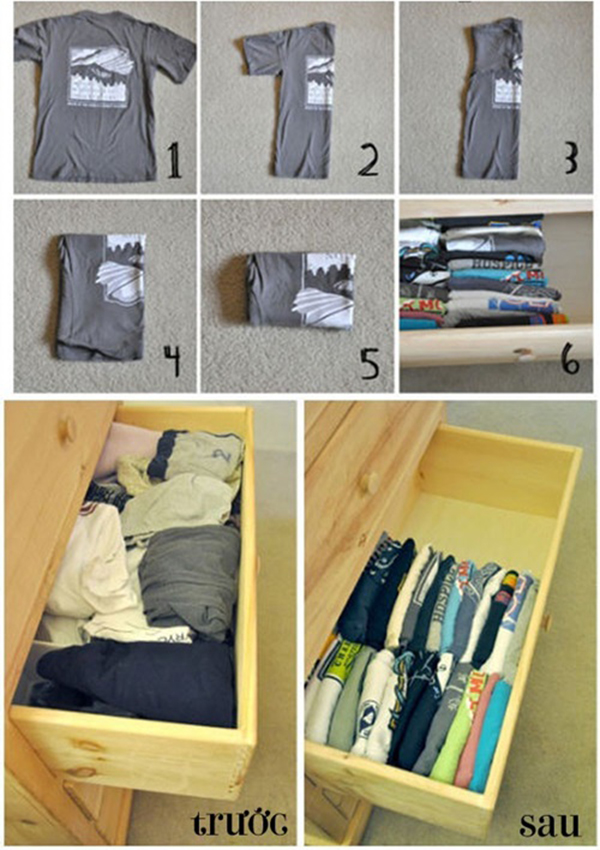 Cuộn chiếc áo để tiết kiệm không gian tủ chứa đồ