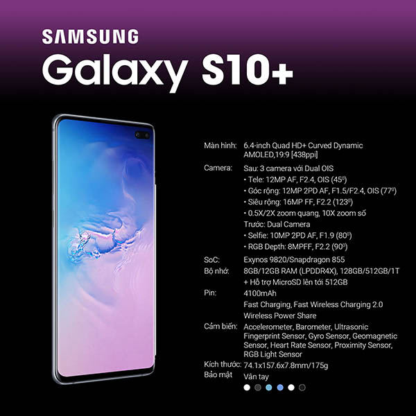 Samsung Galaxy S10/S10+ chính thức ra mắt:vân tay dưới màn hình, RAM 8GB, nhiều camera hơn 