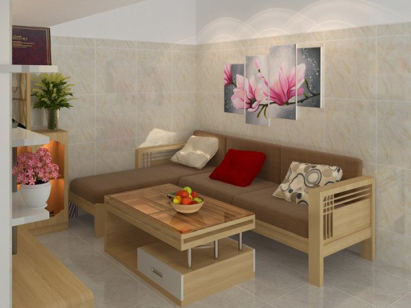 Thiết kế độc đáo cho sofa gỗ chữ L cho phòng khách nhỏ giúp tiết kiệm không gian và sang trọng