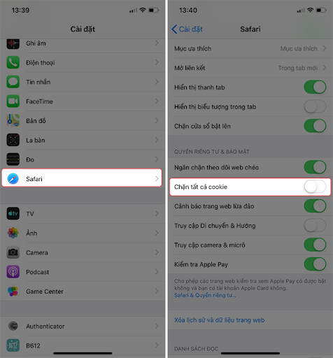 Cách bật cookie trên điện thoại Iphone qua trình duyệt Safari