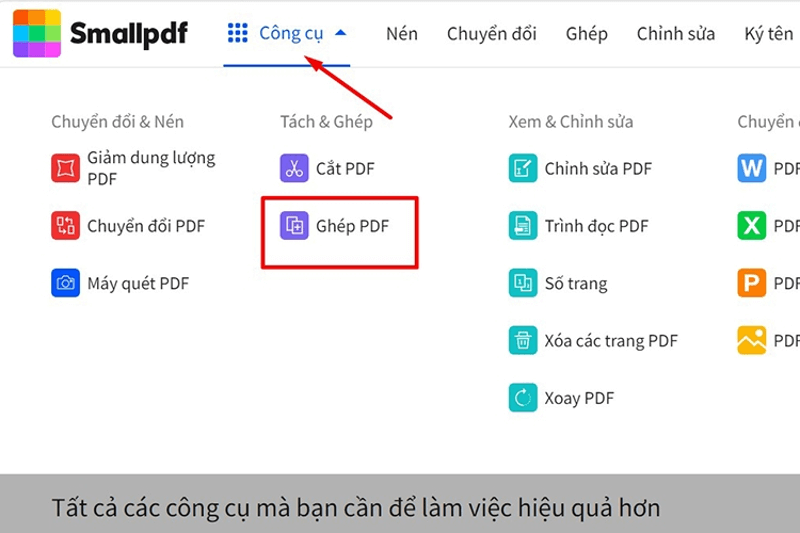 cách ghép file pdf bằng smallpdf bước 1