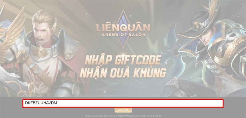 Nhập vào mã giftcode liên quân