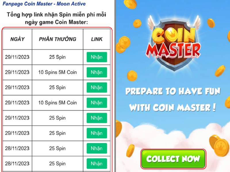 Nhận coin master codes qua Gamevui