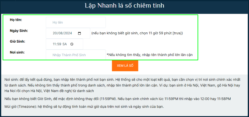 Nhập họ tên và ngày tháng năm sinh