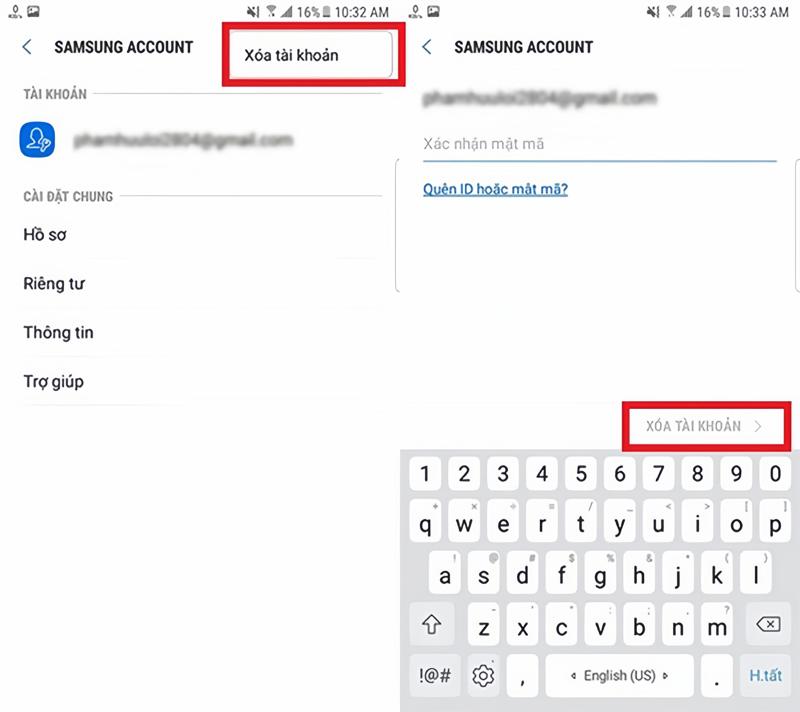 xóa tài khoản samsung