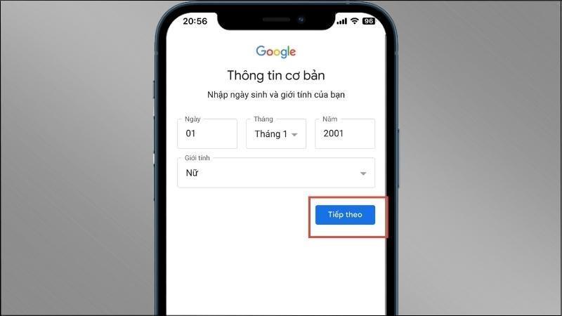 tạo tài khoản gmail trên điện thoại iphone bước 2