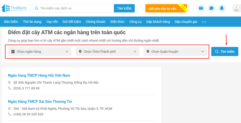 Tìm trụ rút tiền ATM gần đây với website thebank.vn bước 2