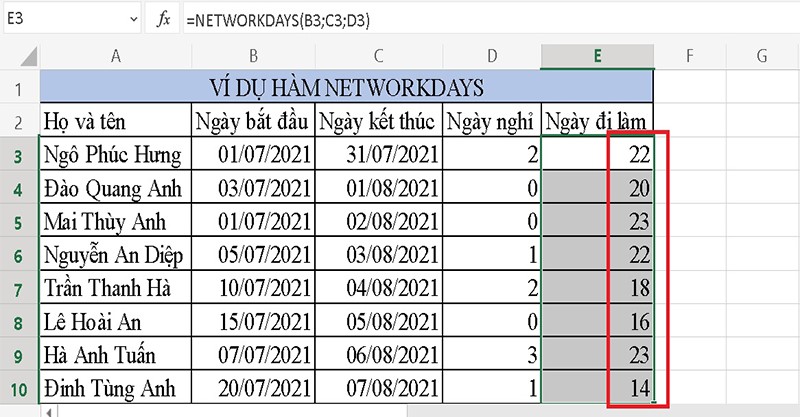 Hàm NETWORKDAYS trong excel