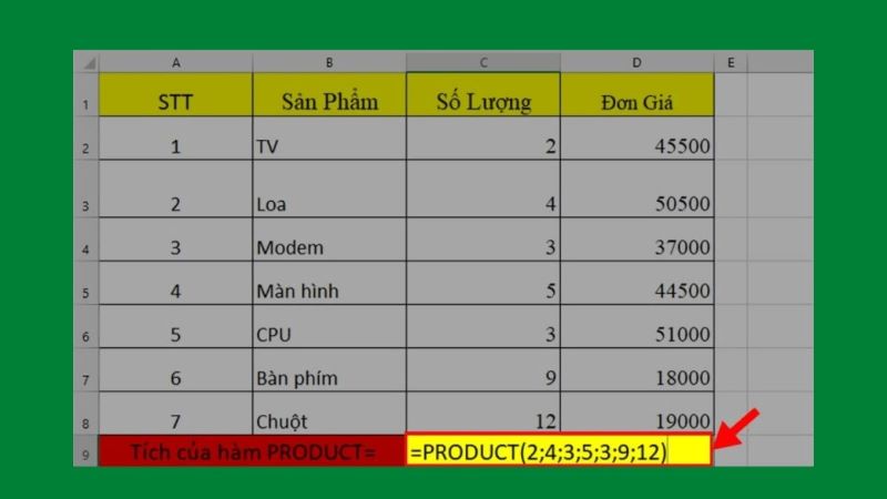 Hàm PRODUCT trong excel