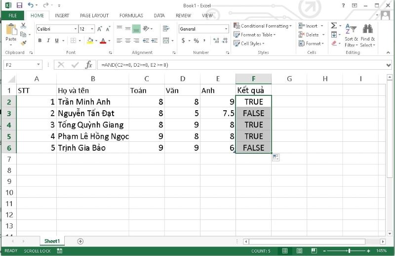 Hàm AND trong excel