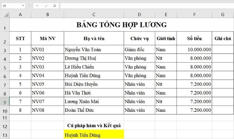 Hàm INDEX trong excel