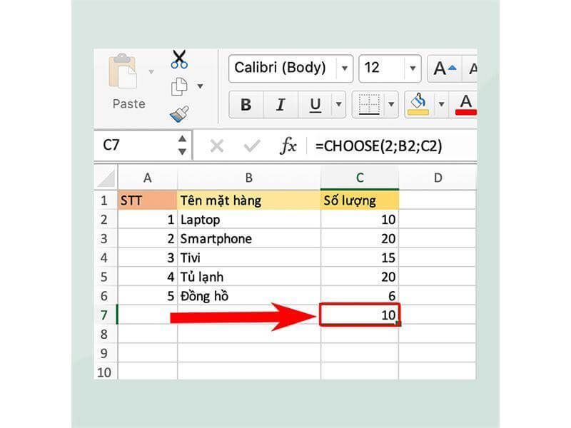 Hàm CHOOSE trong excel