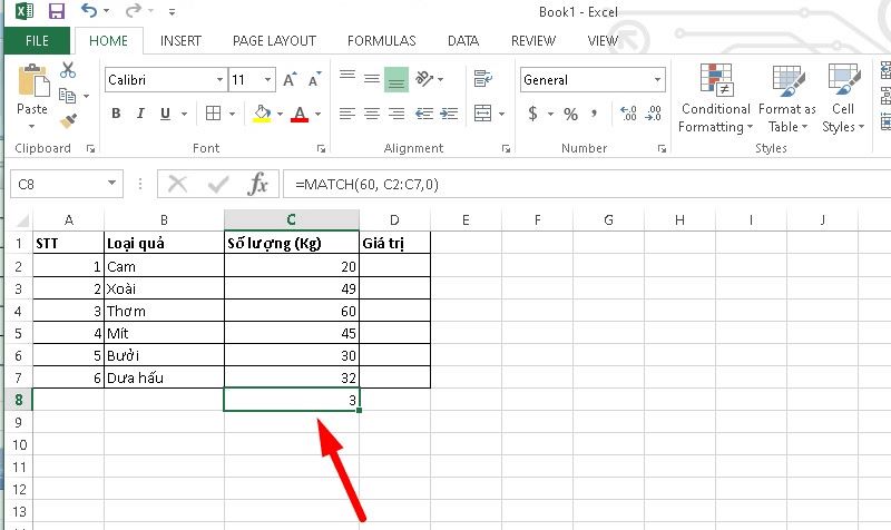 Hàm MATCH trong excel