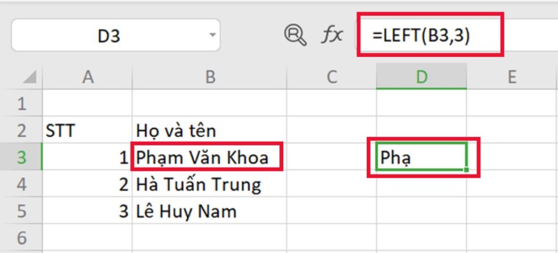 Hàm LEFT trong excel