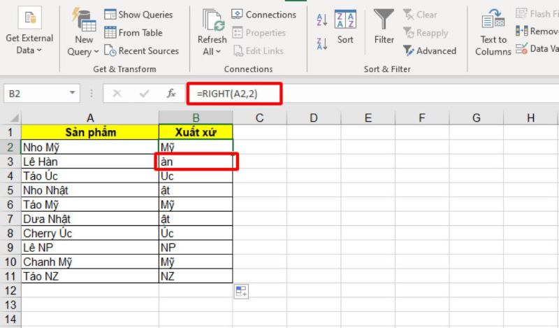 Hàm RIGHT trong excel