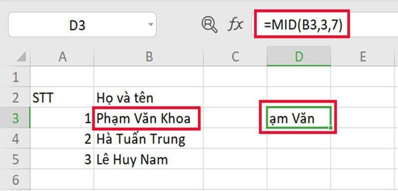 Hàm MID trong excel