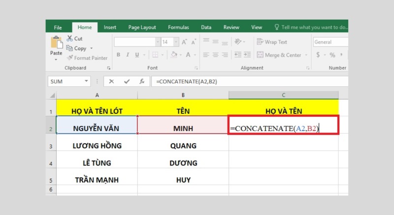 Hàm CONCATENATE trong excel