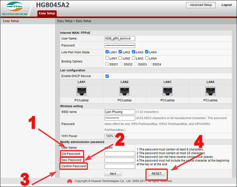  Cách đổi pass Wifi Viettel bằng máy tính thông qua link website bước 3
