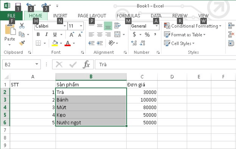 Cách gộp ô trong Excel dùng phím tắt bước 2