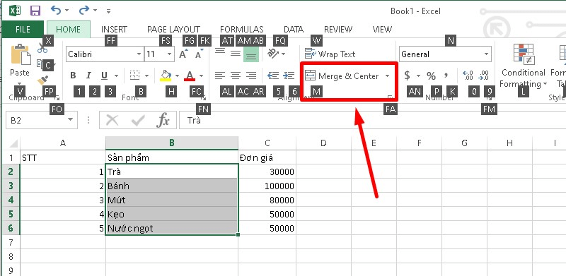 Cách gộp ô trong Excel dùng phím tắt bước 4