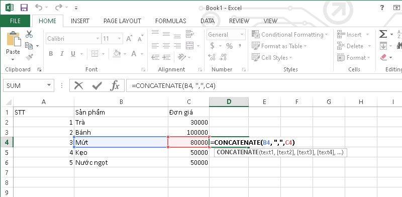 Sử dụng hàm chức năng CONCATENATE bước 2