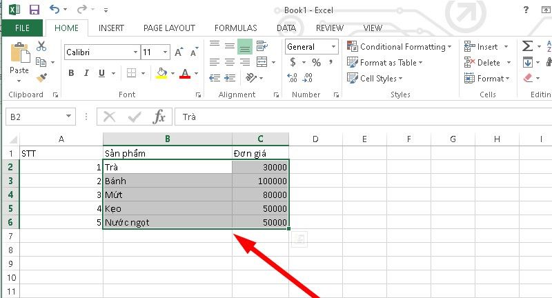 Cách gộp ô trong Excel bằng chức năng Merge & Center bước 1