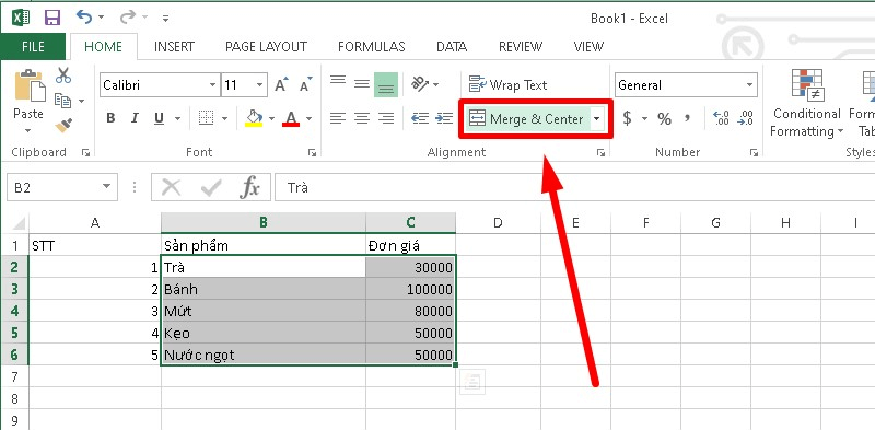 Cách gộp ô trong Excel bằng chức năng Merge & Center bước 2