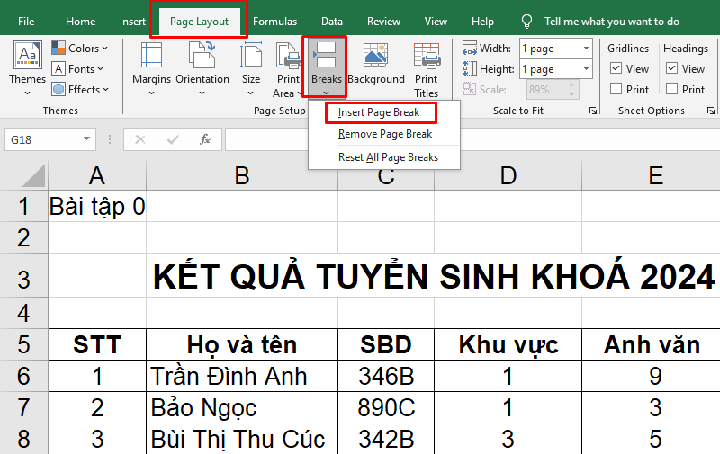 In trang A4 trong Excel bằng tính năng Breaks bước 1