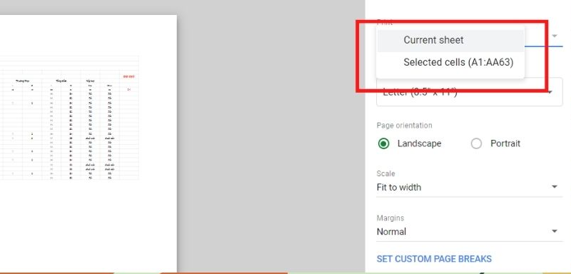 Cách in file Google Sheets vừa trên trang A4 bước 3