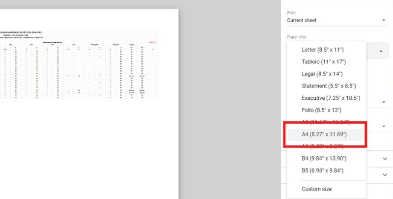 Cách in file Google Sheets vừa trên trang A4 bước 4