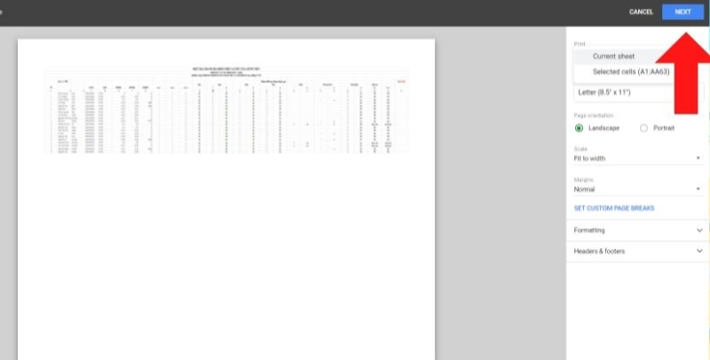 Cách in file Google Sheets vừa trên trang A4 bước 5