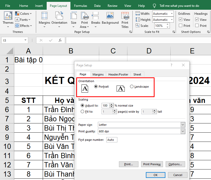 Sử dụng hộp thoại Page Layout bước 3