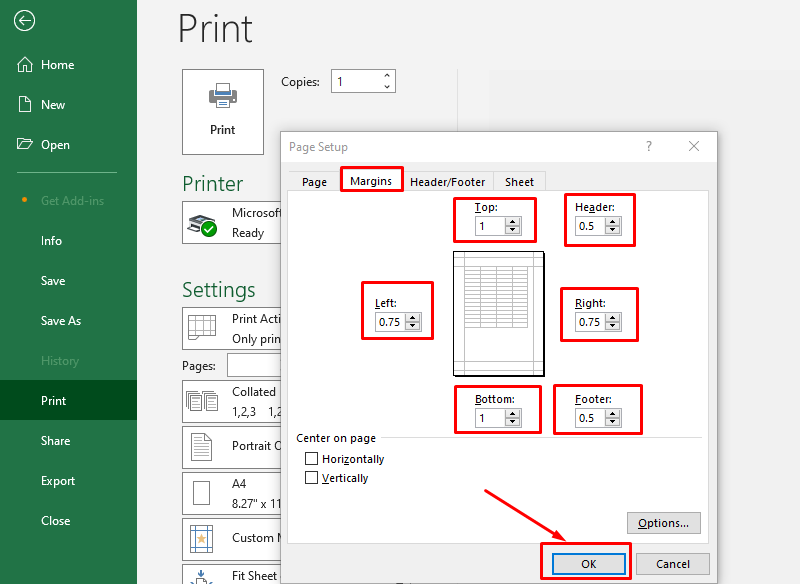 Hướng dẫn tùy chỉnh một số thông số khác khi in file Excel bước 2