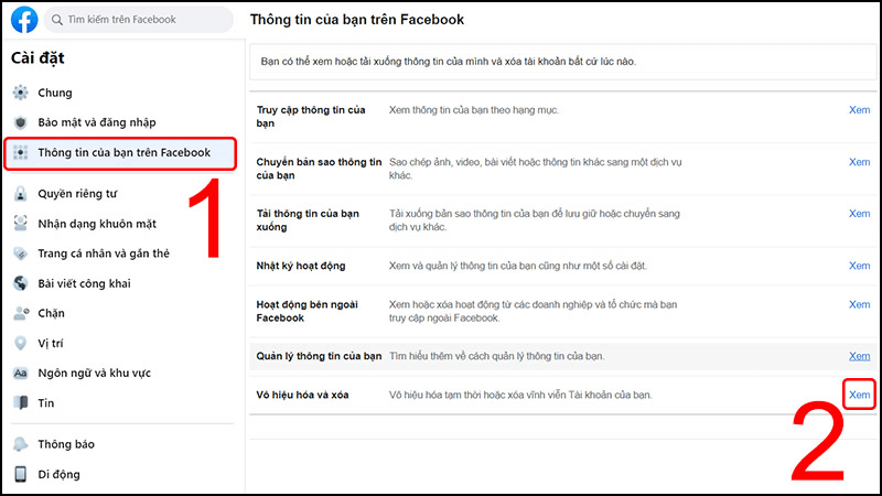 Cách khóa Facebook tạm thời bằng máy tính bước 2