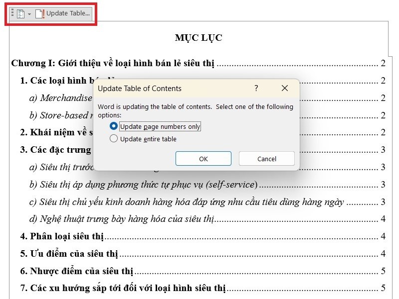 Cách chỉnh sửa và thay đổi mục lục trong Word  bước 1