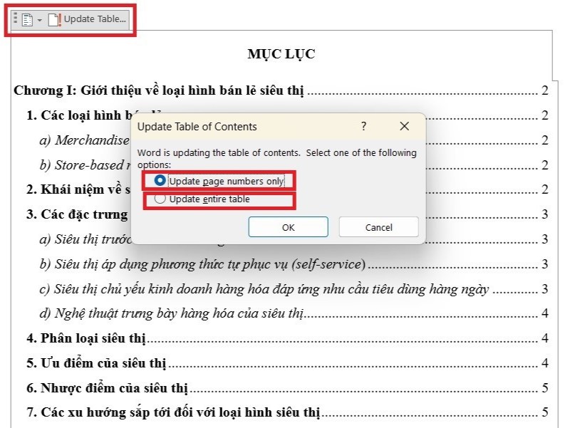 Cách chỉnh sửa và thay đổi mục lục trong Word  bước 3