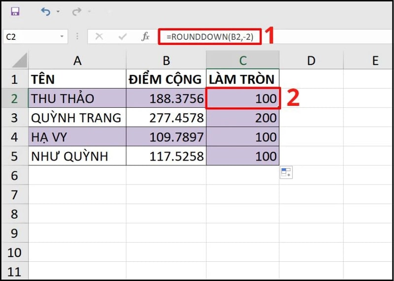 Cách dùng hàm ROUNDDOWN làm tròn số trong Excel