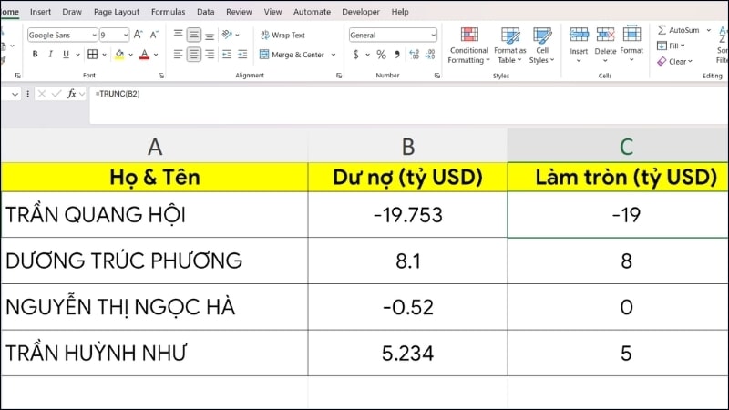 Cách dùng hàm TRUNC làm tròn số trong Excel