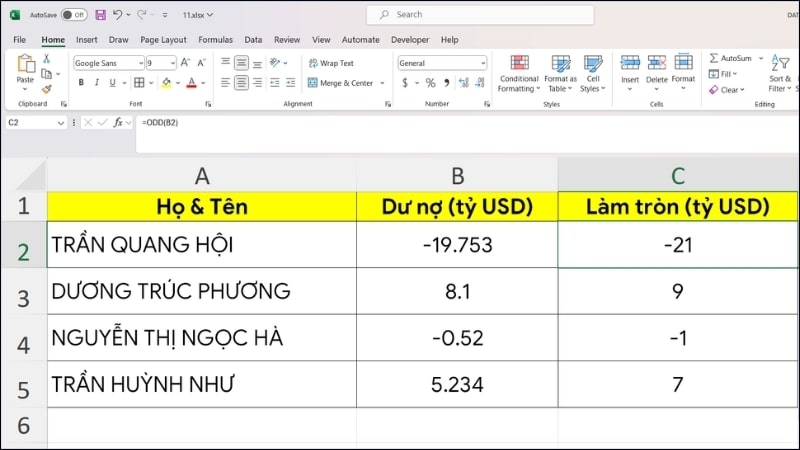 Cách dùng hàm ODD làm tròn số trong Excel