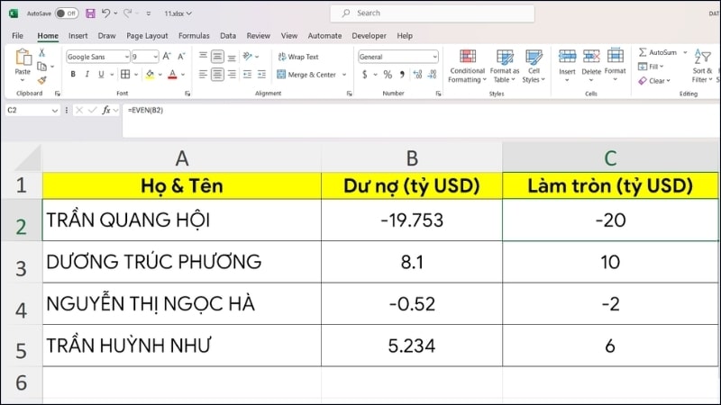 Cách dùng hàm EVEN làm tròn số trong Excel