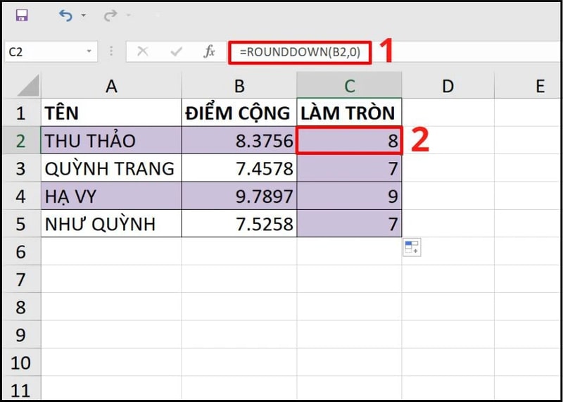 Cách dùng hàm ROUNDDOWN làm tròn số trong Excel