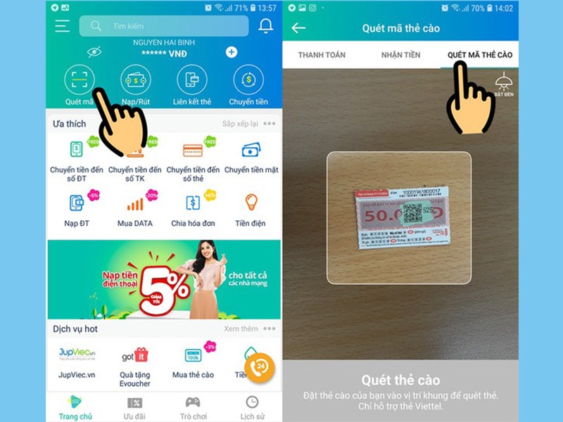 Quét mã QR nạp tiền điện thoại SIM Viettel bước 3