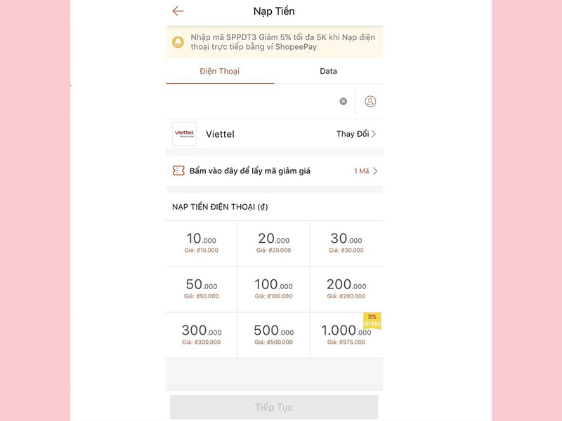 Chia sẻ cách nạp thẻ Viettel qua Shopee bước 2