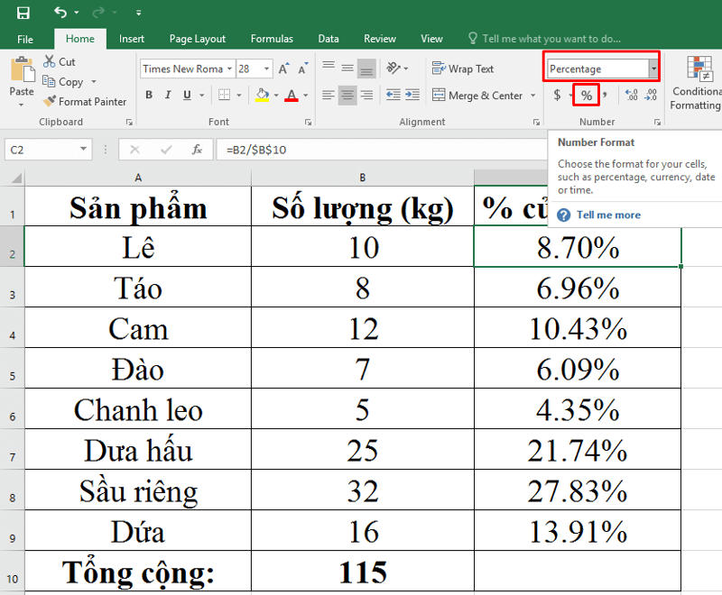 ác bước tính phần trăm trong Excel theo tổng số