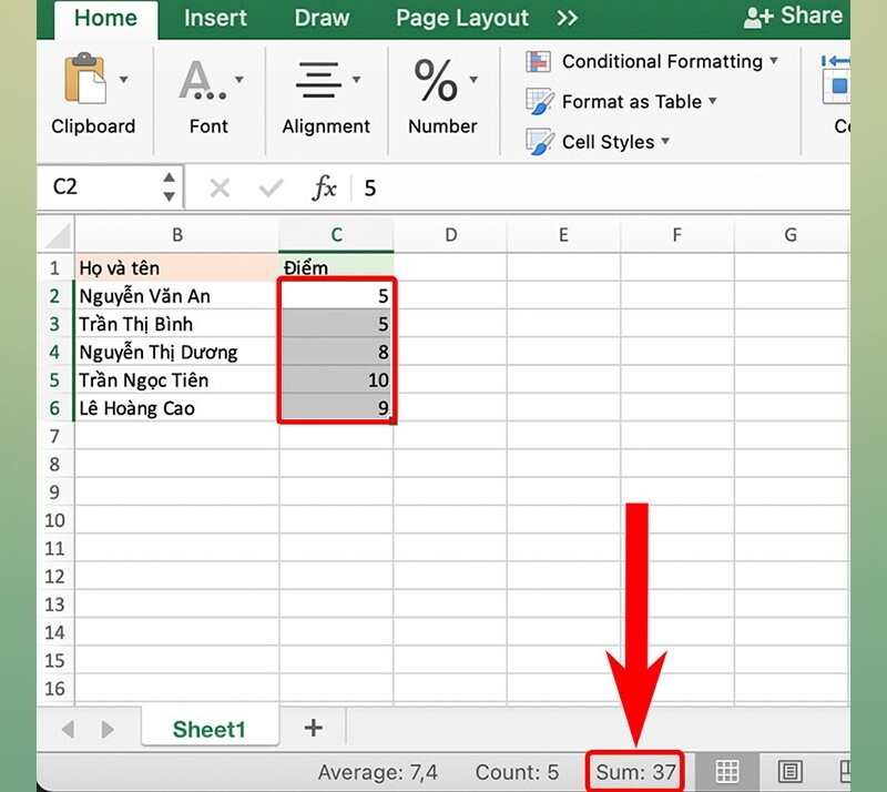 Cách tính tổng trong Excel trong một cột  bước 2