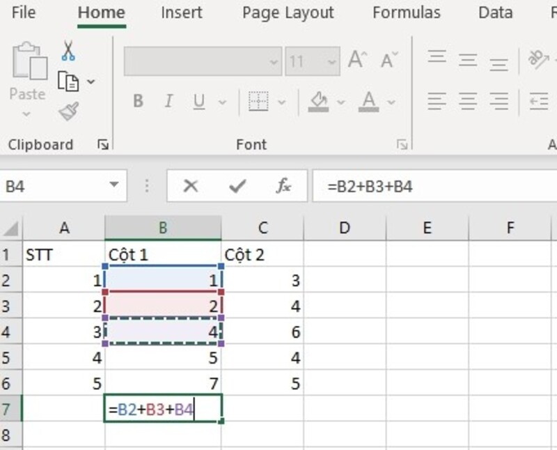 Công thức tính tổng trong Excel bằng cách sử dụng dấu +