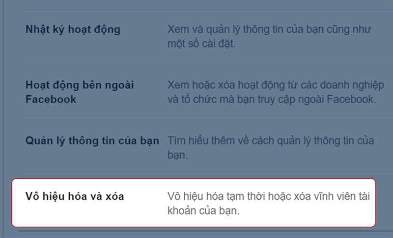 Vô hiệu hóa tài khoản trên Cài đặt Facebook bước 4