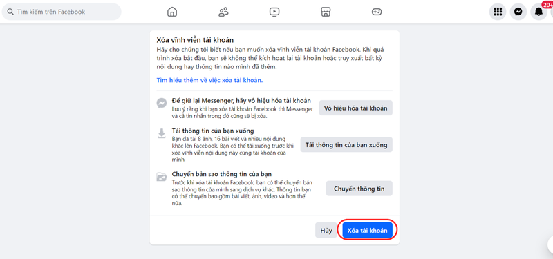 xóa tài khoản Facebook vĩnh viễn bước 1